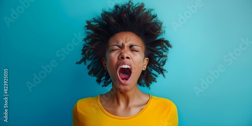 African American woman expressing loud emotion with mouth open. Concept Portrait Photography, Emotions, African American Woman, Expressive Facial Expression photo