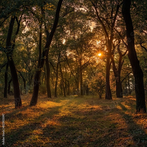 A clearing in the forest bathed in the golden light of sunset, the trees casting long shadows and the air filled with the serene stillness of the evening.