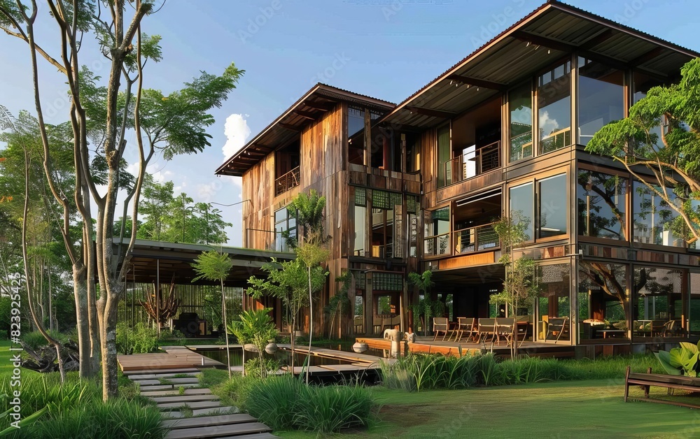 A residential building made entirely of reclaimed wood, featuring large outdoor living spaces and natural ventilation A residential building made entirely of reclaimed wood, featuring large outdoor living spaces and natural ventilation