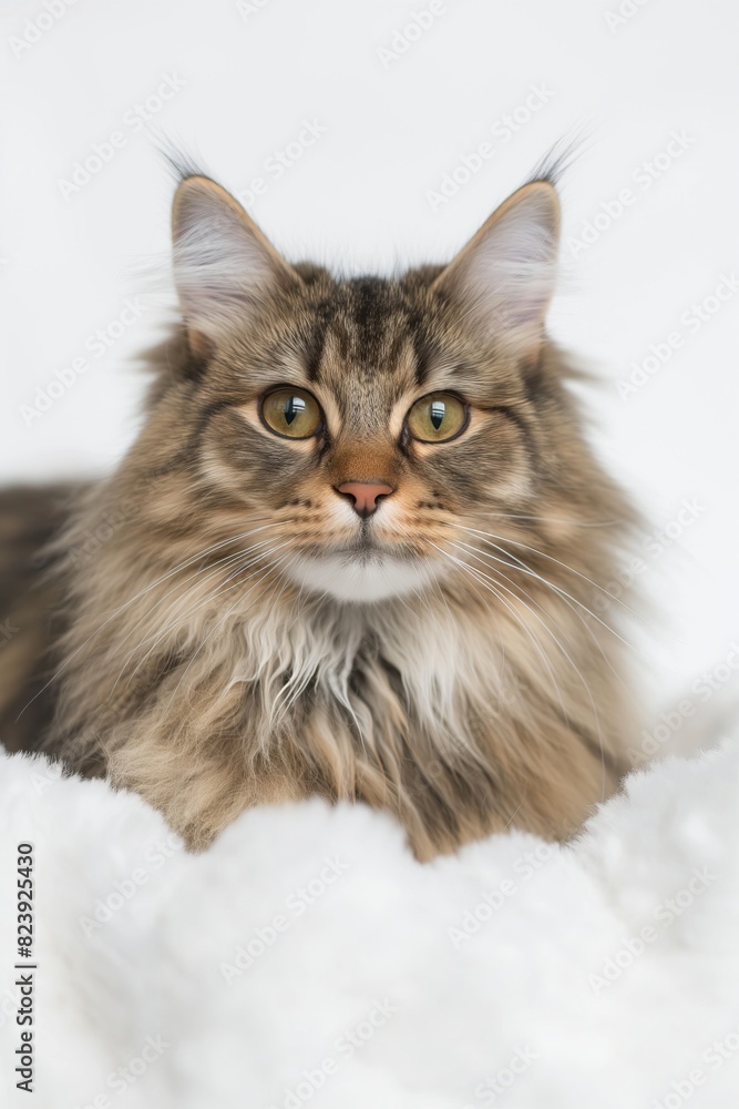 A cat with long fur is sitting on a white blanket