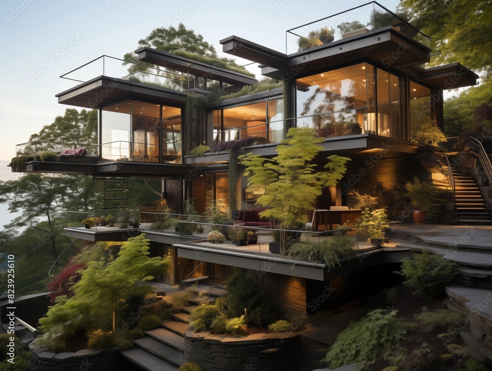 Modern House Nestled in Nature at Dusk