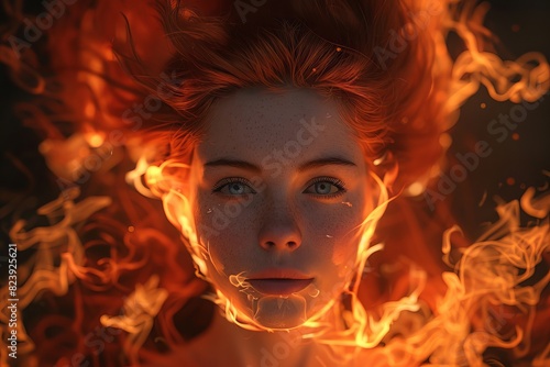 Fiery Beauty  A Portrait of a Redhead Woman with Flaming Hair  Emphasizing Intensity and Passion  Generative AI