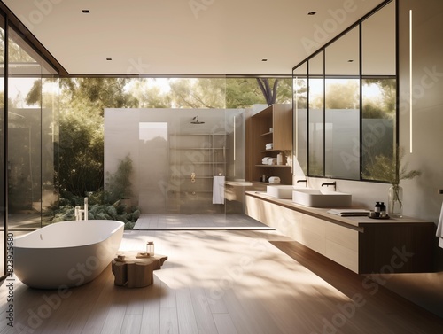 Morning Light Bathes a Modern Bathroom in a Forest Home