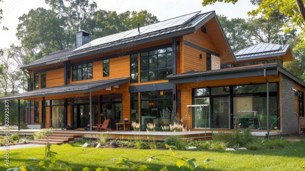 A suburban passive house with energyefficient windows, natural shading elements, and a solar heating system A suburban passive house with energyefficient windows, natural shading elements, and a solar heating system