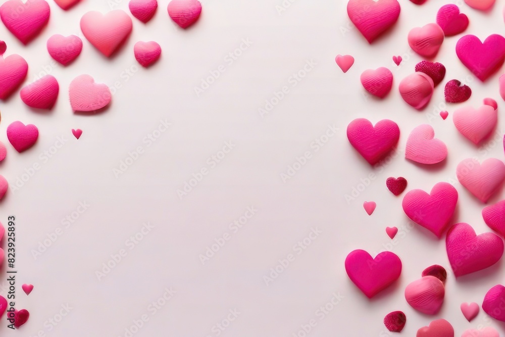 White background with many red and white hearts all around it with empty space in the center White background with many red and white hearts all around it with empty space in the center