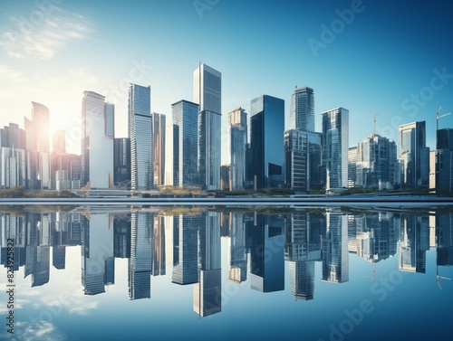 Morning Reflections on a City's Skyline by the Waterfront