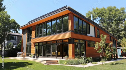 A suburban passive house with energyefficient windows, natural shading elements, and a solar heating system © Suphakorn