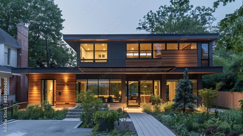 Fototapeta premium A suburban passive house with energyefficient windows, natural shading elements, and a solar heating system