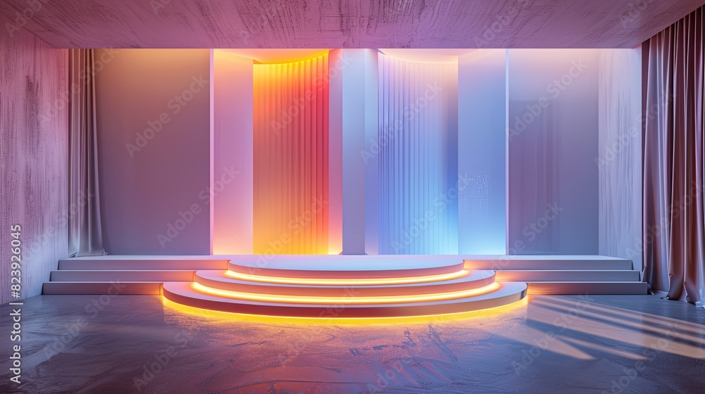 Sleek 3D podium in pastel shades, illuminated by soft, ambient lighting, creating a sophisticated look Sleek 3D podium in pastel shades, illuminated by soft, ambient lighting, creating a sophisticated look