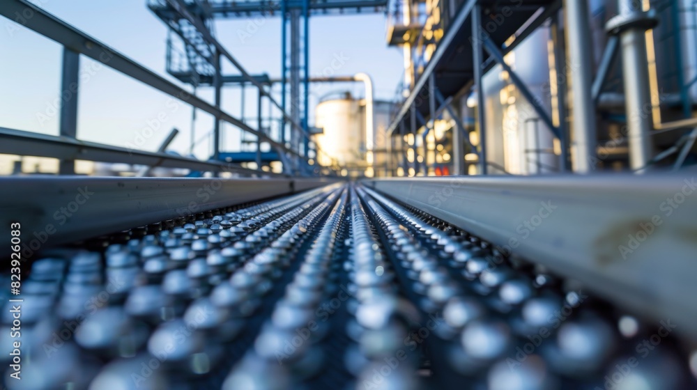 Fototapeta premium A conveyor belt system transporting captured CO2 to storage tanks with safety measures in place to prevent leaks.