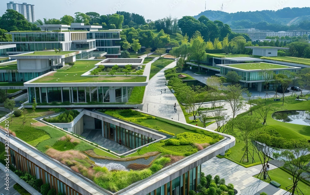 A university campus with green roofs on multiple buildings, providing study spaces and environmental benefits A university campus with green roofs on multiple buildings, providing study spaces and environmental benefits