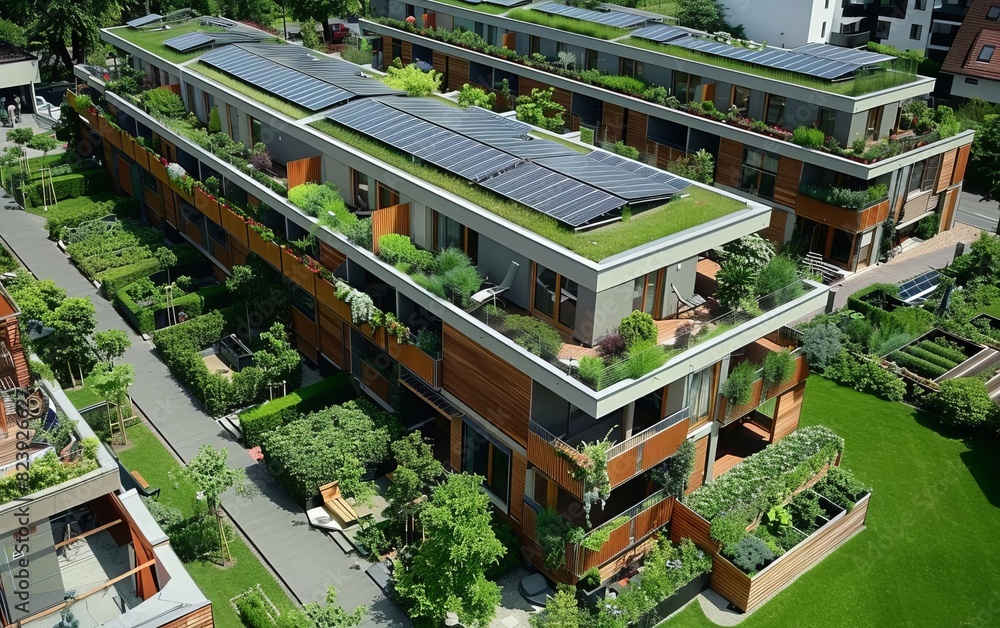 Naklejka premium An ecofriendly apartment complex with communal gardens, bike storage, and rooftop solar panels
