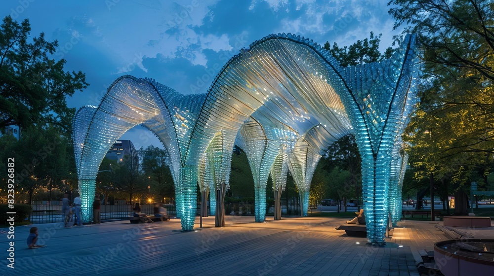 Fototapeta premium An urban park pavilion constructed from recycled plastic bottles, showcasing innovative design and sustainability