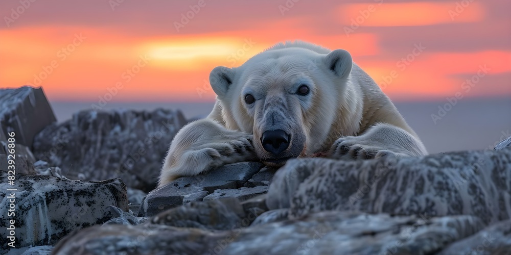 Obraz premium A stunning polar bear feasts on a seal carcass amidst the magical evening skies. Concept Wildlife Photography, Arctic Adventure, Animal Behavior, Sunset Moments