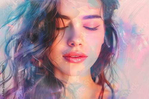 closeup portrait of lovely lady with wavy hair anticipating cuddling pastel colored background digital painting photo