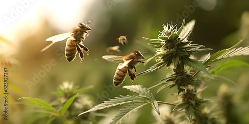 Cannabis Farm in Outdoor Field with Bees Pollinating Plants. Concept Cannabis Farming, Outdoor Field, Bees Pollinating Plants photo