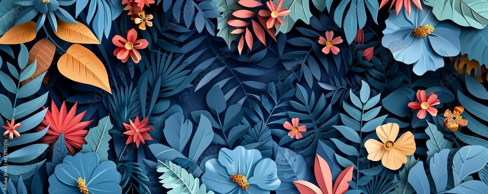 Botanical garden with diverse plant species, detailed leaves and flowers in papercut Botanical garden with diverse plant species, detailed leaves and flowers in papercut