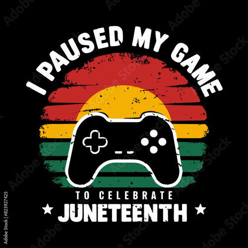 A graphic tdesign features a distressed look with a game controller set against a background of red, yellow, and green stripes reminiscent of the Pan-African flag photo