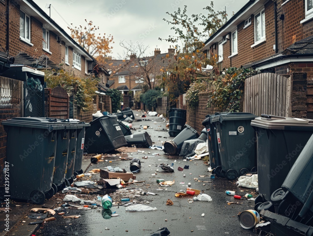 Chaotic Scene: British Street Strewn with Tipped Over Wheelie Bins Chaotic Scene: British Street Strewn with Tipped Over Wheelie Bins