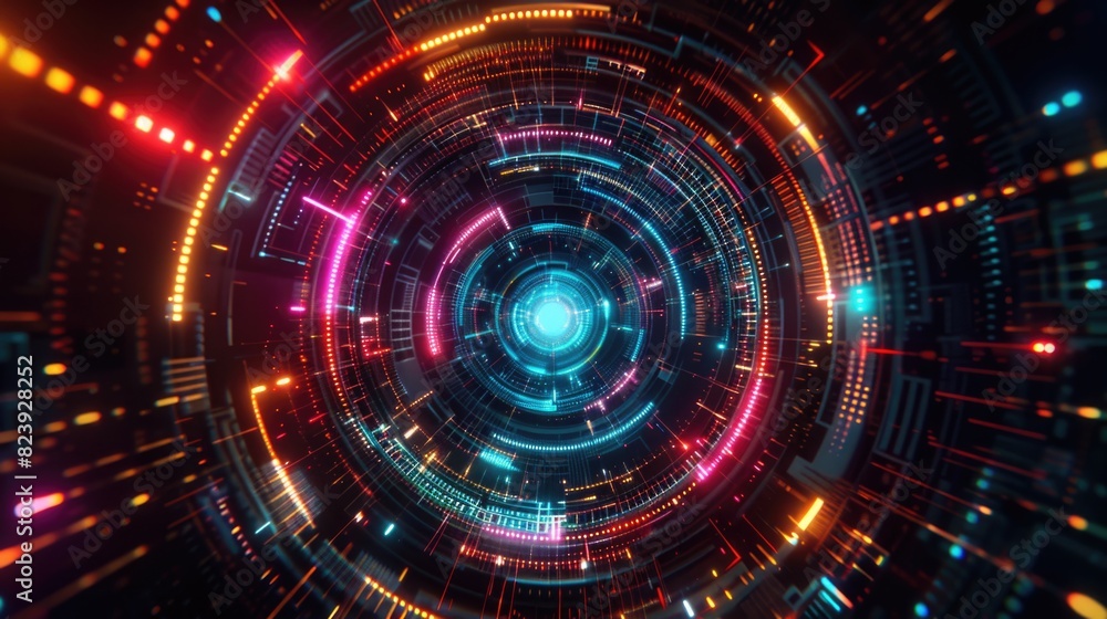 Cyber black background with a neon multicolored glowing circular HUD in the center. PC screensaver. Cyber black background with a neon multicolored glowing circular HUD in the center. PC screensaver.