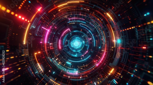 Wallpaper Mural Cyber black background with a neon multicolored glowing circular HUD in the center. PC screensaver. Torontodigital.ca