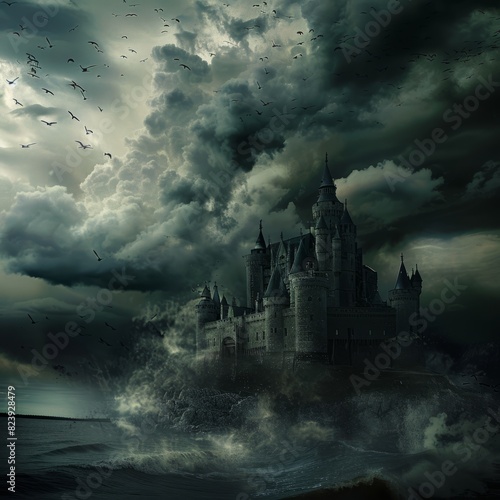 A castle is shown in the middle of a stormy sea
