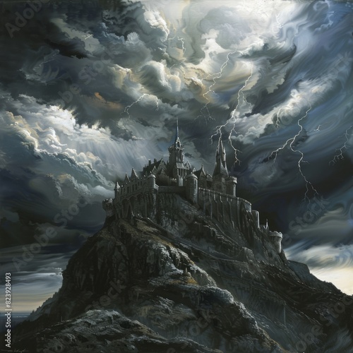 A castle is on top of a mountain, with a stormy sky