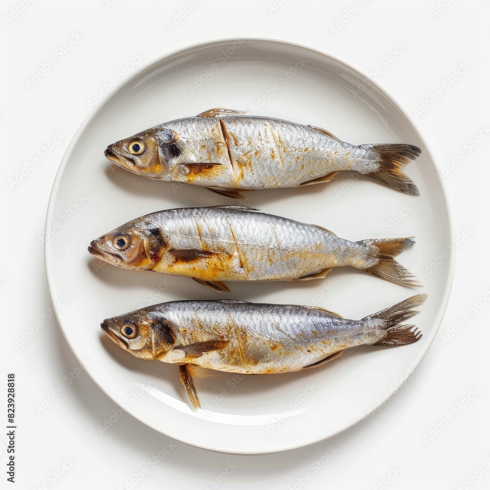 Three fresh fish on white plate. Top view. Three fresh fish on white plate. Top view.