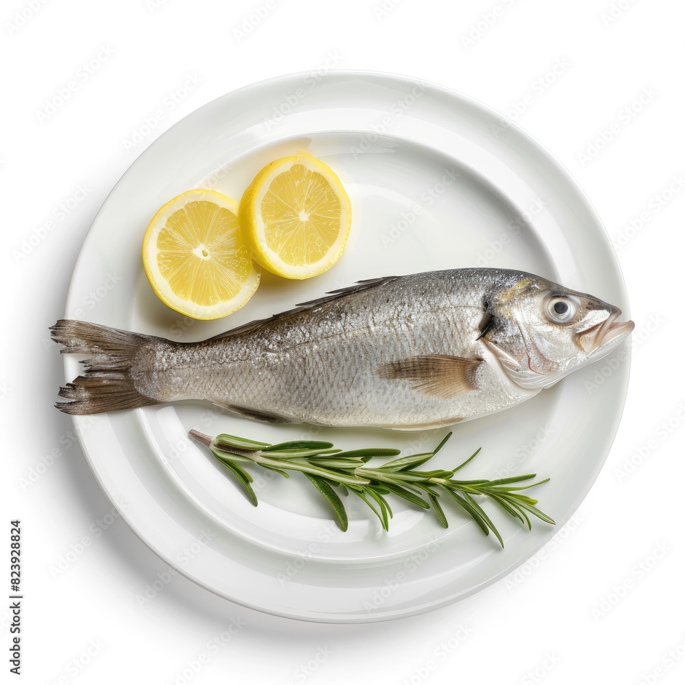 Fresh sea bream on white plate with lemon and rosemary. Top view.