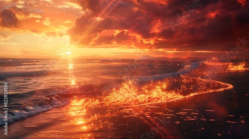 A cascade of fiery light descending onto a tranquil beach at sunset