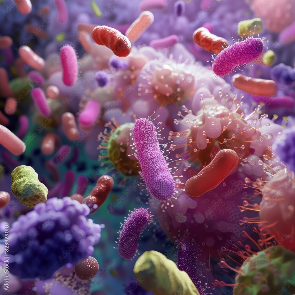 3D Illustration of Various Bacteria on Raw Meat - Culinary Training and Food Safety Education 3D Illustration of Various Bacteria on Raw Meat - Culinary Training and Food Safety Education