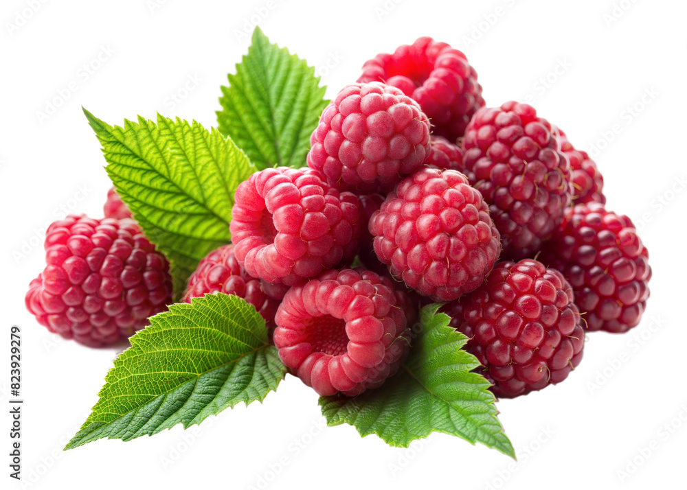 A bunch of red raspberries with green leaves A bunch of red raspberries with green leaves