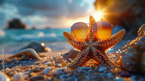 starfish wearing sunglasses on the sand beach with copy space, summer vocation concept