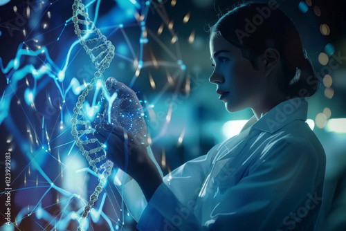 Focused scientist in a lab setting manipulates a glowing dna helix, symbolizing advanced genetic modification and biotechnology research photo