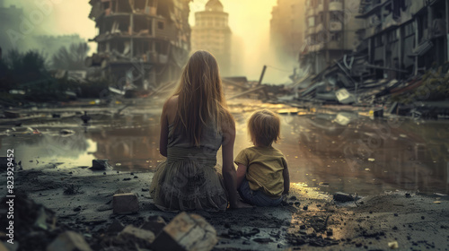 Mother and child sitting on the ground in front of rubble, surrounded by water with destroyed buildings in the background.