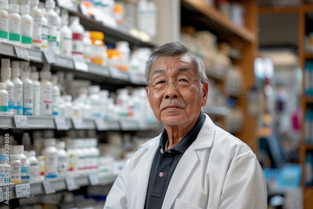 Portrait of a elderly asian man pharmacist in a pharmacy Portrait of a elderly asian man pharmacist in a pharmacy