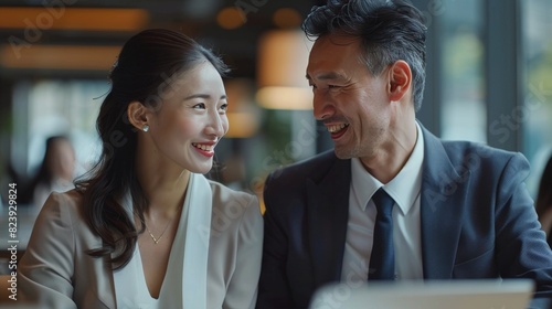 Man and Woman Sitting at Table Looking at Laptop