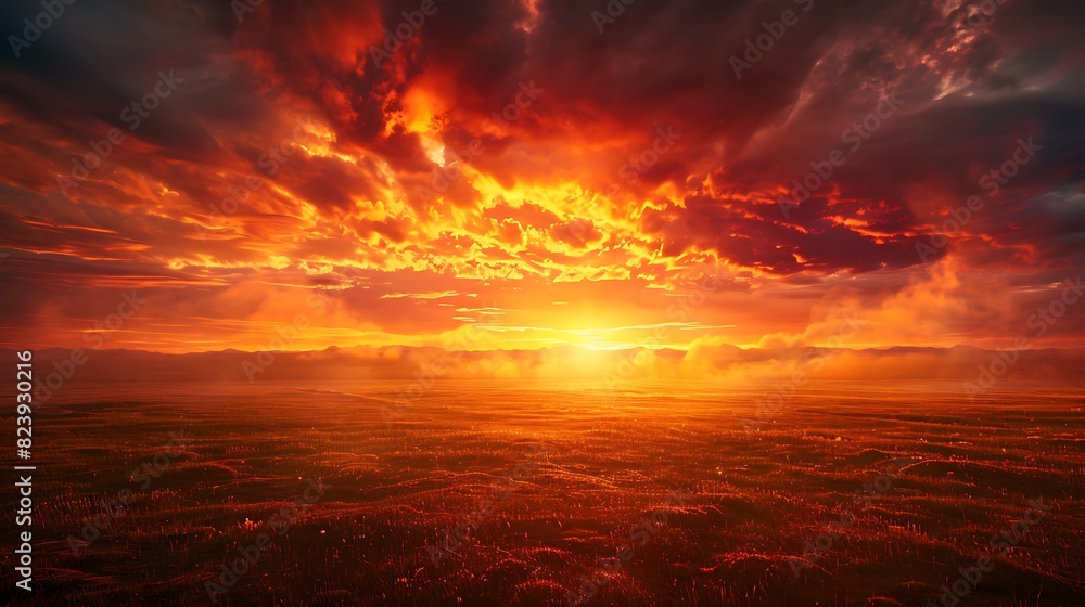 A majestic descent of fiery light over a vast open field at sunrise