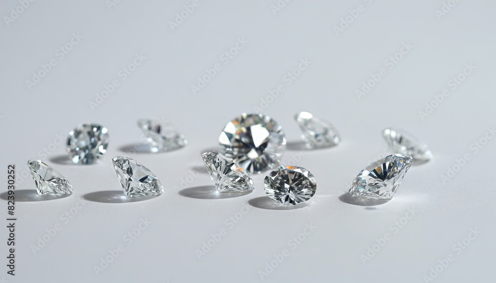 Multiple diamonds arranged in a group on top of a table surface Multiple diamonds arranged in a group on top of a table surface