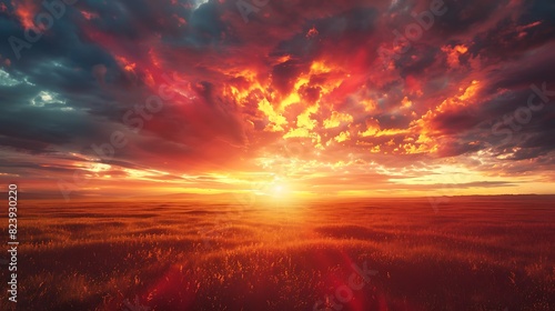 A majestic descent of fiery light over a vast open field at sunrise