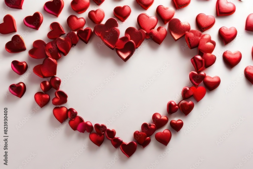 White background with many red and white hearts all around it with empty space in the center