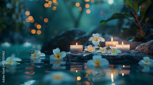 Ambiente tranquilo de spa com velas, pedras e flores, invocando serenidade e relaxamento photo