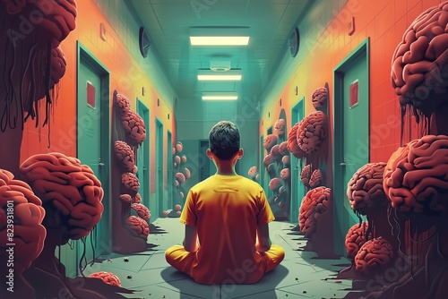 A boy in an orange jumpsuit sits in a hallway surrounded by brains. photo