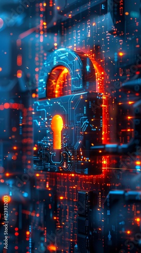 A glowing orange and blue padlock on a circuit board with a binary code background.