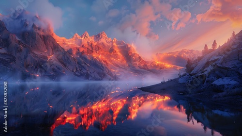 Bright, fiery tongues of light reflected in a pristine mountain lake