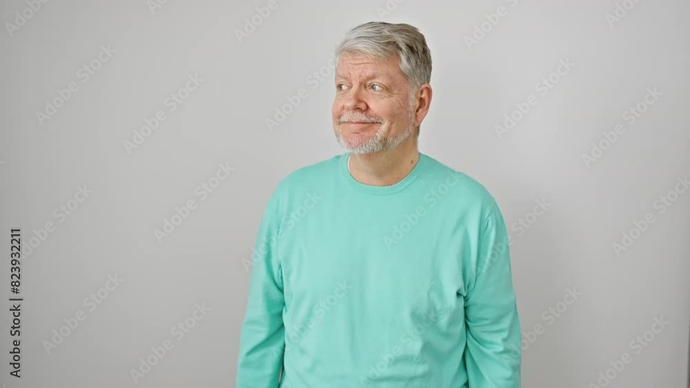 Cheerful middle age man in casual clothes smiles, showing off natural confidence, laughing away. grey-haired, isolated against white background. Cheerful middle age man in casual clothes smiles, showing off natural confidence, laughing away. grey-haired, isolated against white background.