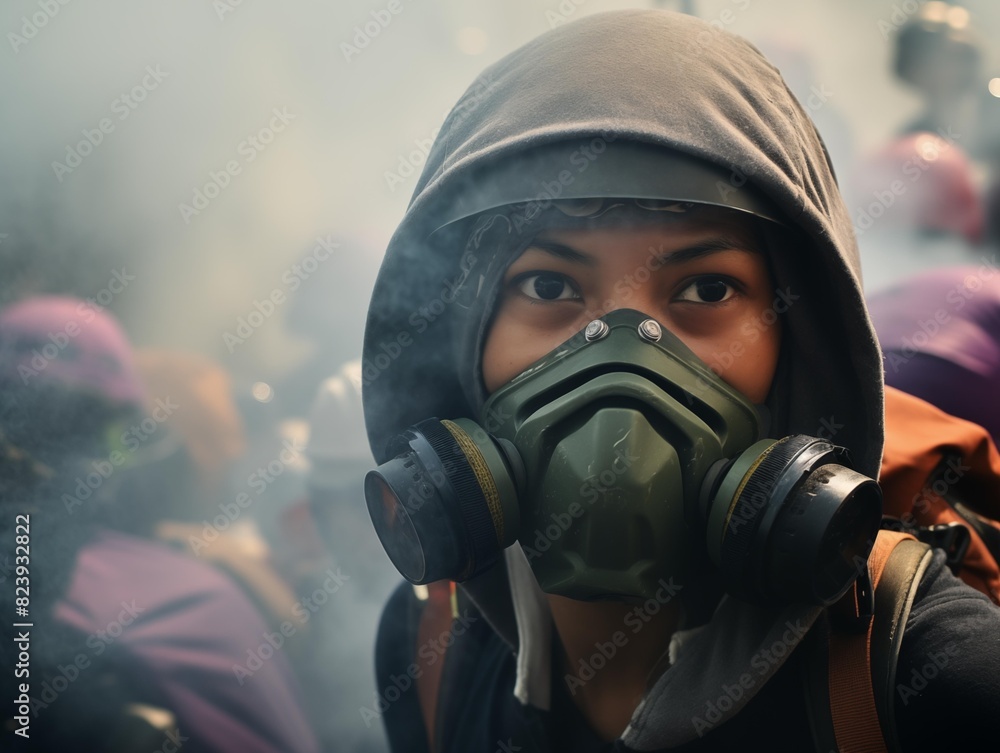 Protester in Gas Mask Amidst Smoke on a Gloomy Day Protester in Gas Mask Amidst Smoke on a Gloomy Day