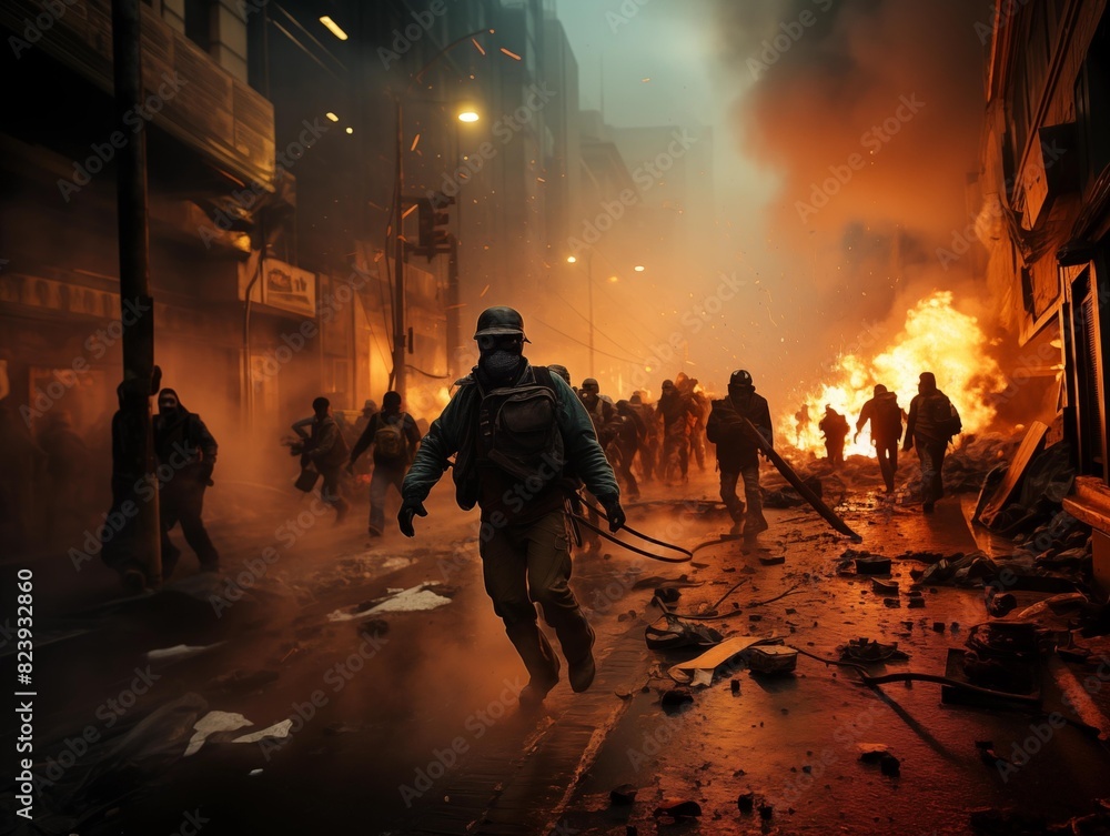 Fototapeta premium Protesters Flee a Fiery Scene in a City at Dawn