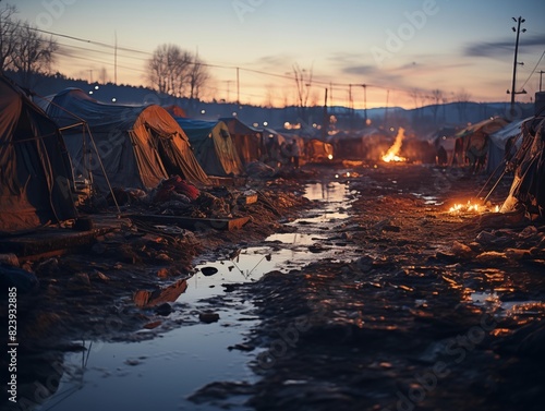 Refugees enduring cold evening in a makeshift camp
