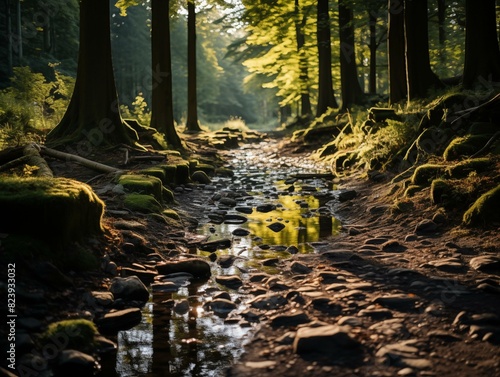 Serene Forest Creek Glimmering at Sunrise